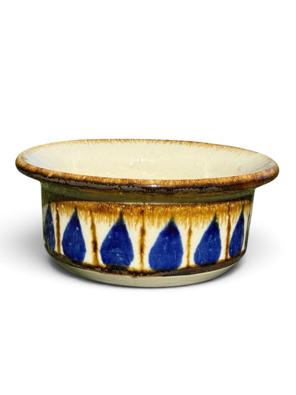 1970s Blue & Brown Drip Glaze Stoneware Bowl • Handcrafted Studio Pottery